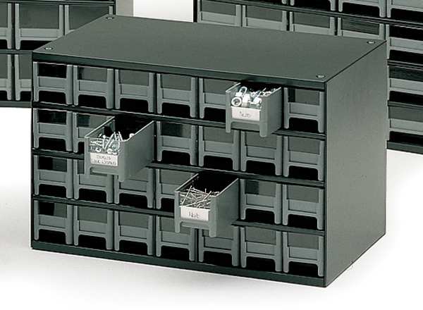 Drawer Bin Cabinet with 28 Drawers, Steel, Polystyrene, 17 in W x 11 in H x 11 in D