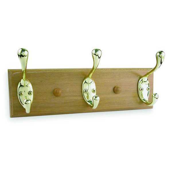 Coat and Garment Rack, 3 Hook, Brass, 10 In