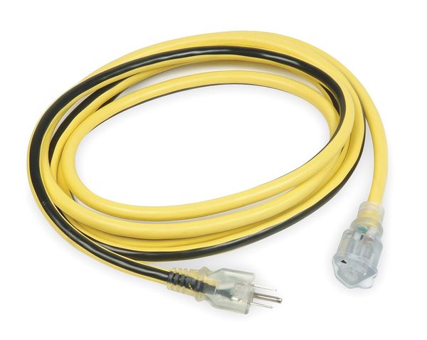 Lighted Extension Cord, 12 AWG, 25 ft, 3 Conductors, SJTW, 125V AC, NEMA 5-15, Yellow/Black Stripe
