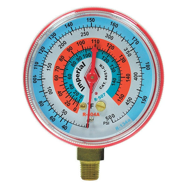 Gauge, 2-1/2 In Dia, High Side, Red, 800 psi