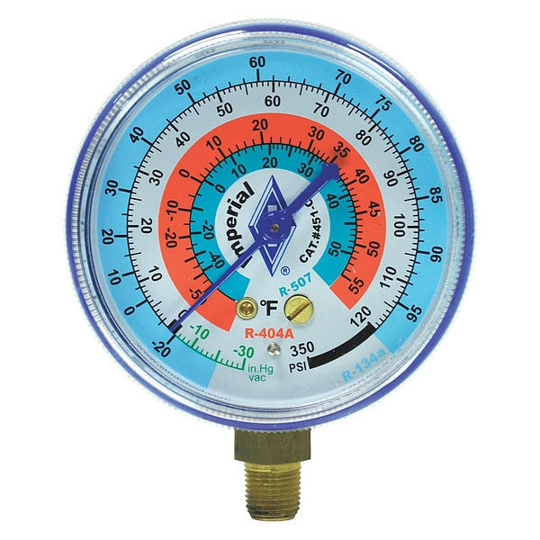 Gauge, 2-1/2 In Dia, Low Side, Blue, 350 psi