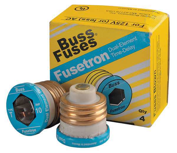 Plug Fuse, Time Delay, 10A, T Series, 125V AC, Not Rated
