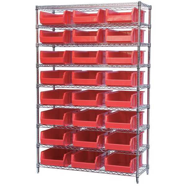 Steel Bin Shelving, 48 in W x 74 in H x 18 in D, 9 Shelves, Red