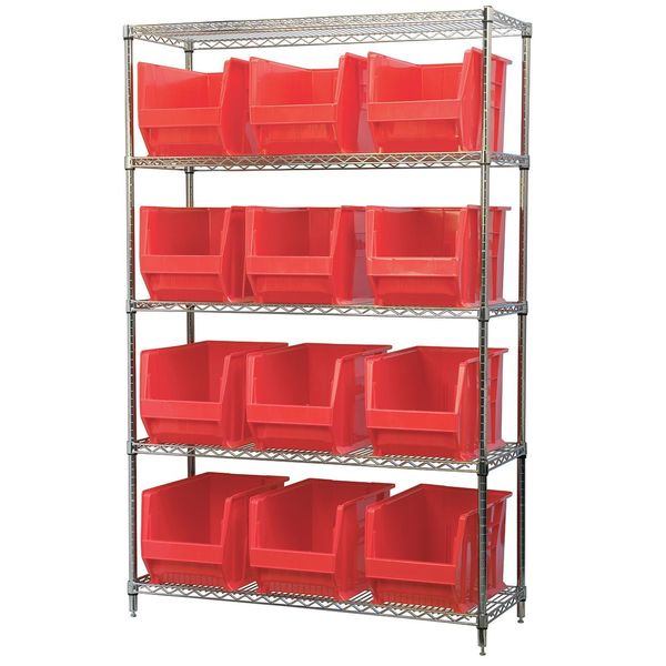 Steel Bin Shelving, 48 in W x 74 in H x 18 in D, 5 Shelves, Red