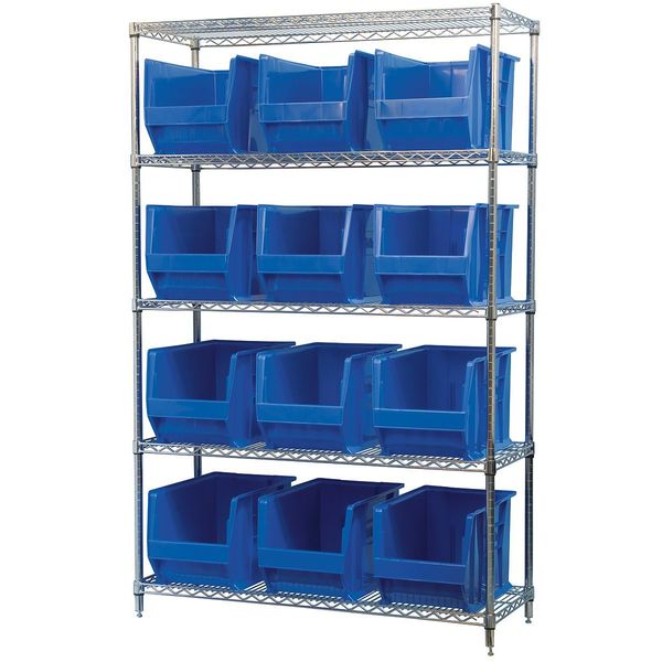 Steel Bin Shelving, 48 in W x 74 in H x 18 in D, 5 Shelves, Blue