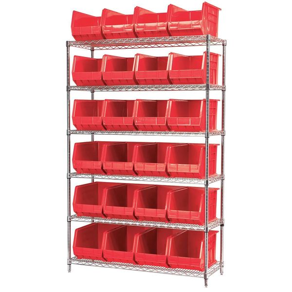 Steel Wire Bin Shelving, 48 in W x 74 in H x 18 in D, 6 Shelves, Silver/Red