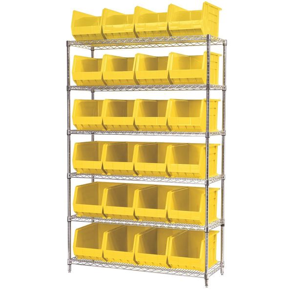 Steel Wire Bin Shelving, 48 in W x 74 in H x 18 in D, 6 Shelves, Silver/Yellow