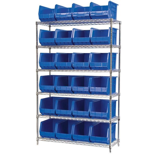 Steel Wire Bin Shelving, 48 in W x 74 in H x 18 in D, 6 Shelves, Silver/Blue