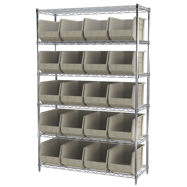 Steel Wire Bin Shelving, 48 in W x 74 in H x 18 in D, 6 Shelves, Silver/Stone