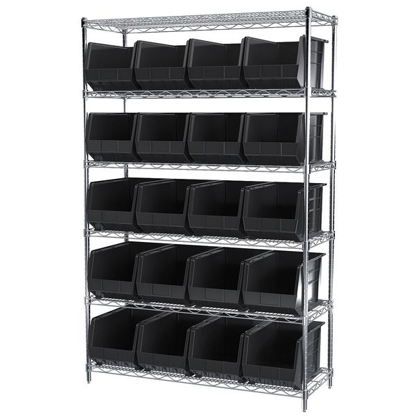 Steel Wire Bin Shelving, 48 in W x 74 in H x 18 in D, 6 Shelves, Silver/Black