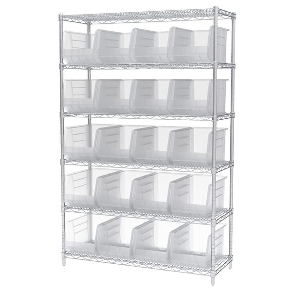 Steel Wire Bin Shelving, 48 in W x 74 in H x 18 in D, 6 Shelves, Silver/Clear