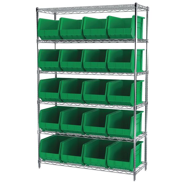 Steel Wire Bin Shelving, 48 in W x 74 in H x 18 in D, 6 Shelves, Silver/Green