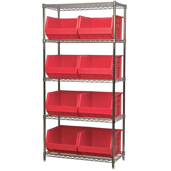 Steel Wire Bin Shelving, 36 in W x 74 in H x 18 in D, 5 Shelves, Silver/Red