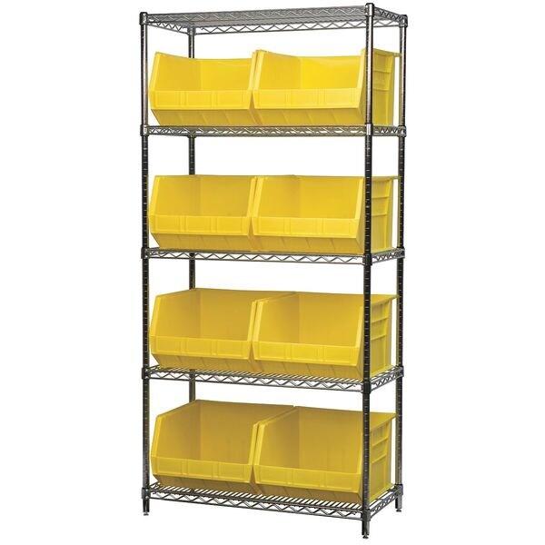 Steel Wire Bin Shelving, 36 in W x 74 in H x 18 in D, 5 Shelves, Silver/Yellow