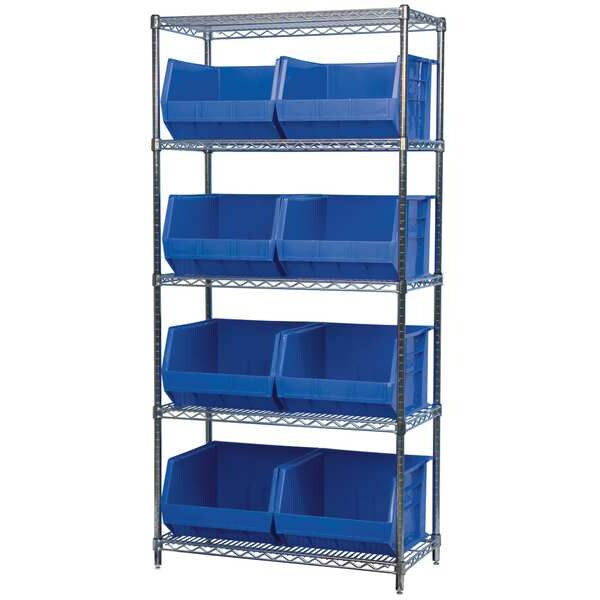 Steel Wire Bin Shelving, 36 in W x 74 in H x 18 in D, 5 Shelves, Silver/Blue