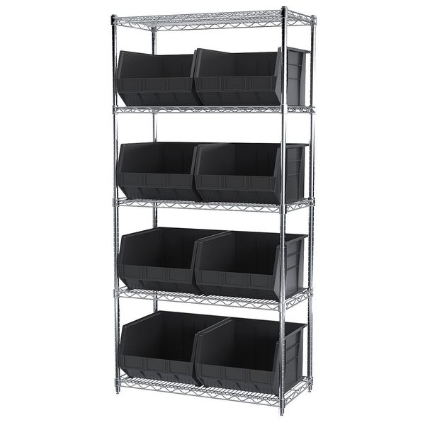 Steel Wire Bin Shelving, 36 in W x 74 in H x 18 in D, 5 Shelves, Silver/Black