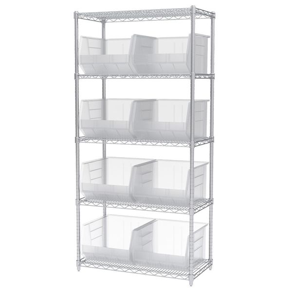 Steel Wire Bin Shelving, 36 in W x 74 in H x 18 in D, 5 Shelves, Silver/Clear