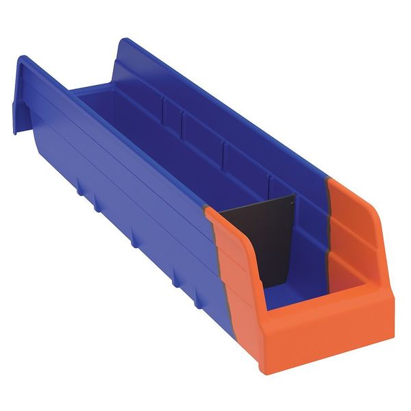 Shelf Storage Bin, Blue/Orange, Plastic, 17 7/8 in L x 4 1/8 in W x 4 in H, 15 lb Load Capacity