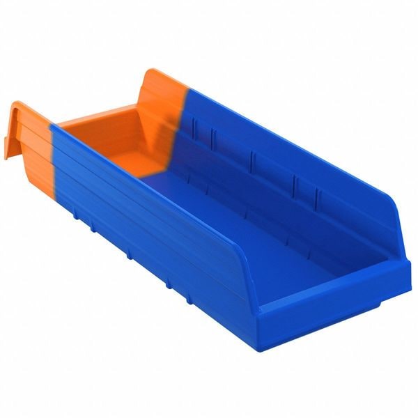 Shelf Storage Bin, Blue/Orange, Plastic, 17 7/8 in L x 6 5/8 in W x 4 in H, 20 lb Load Capacity