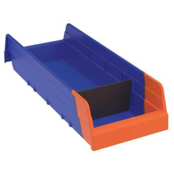 Shelf Storage Bin, Blue/Orange, Plastic, 17 7/8 in L x 6 5/8 in W x 4 in H, 20 lb Load Capacity