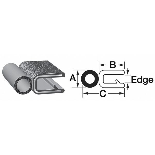 Edge Grip Seal, EPDM, 25 ft Length, 0.375 in Overall Width, Style: Trim with a Side Bulb
