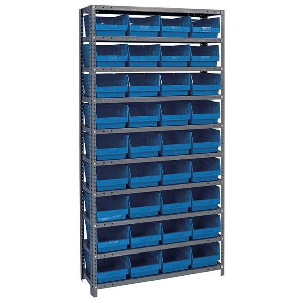 Steel Bin Shelving, 36 in W x 75 in H x 12 in D, 10 Shelves, Blue