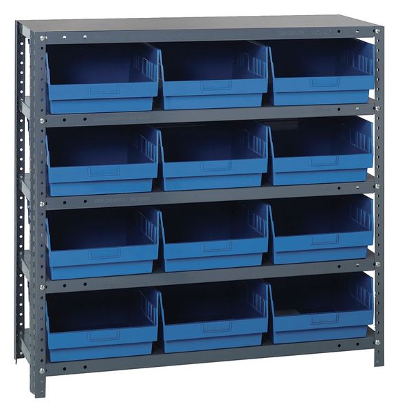 Steel Bin Shelving, 36 in W x 39 in H x 12 in D, 5 Shelves, Blue