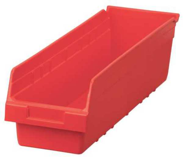 Shelf Storage Bin, Red, Plastic, 23 5/8 in L x 6 5/8 in W x 6 in H, 35 lb Load Capacity