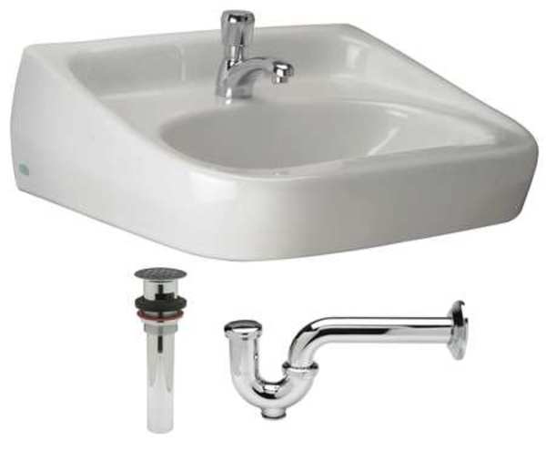 Wall Mount, 1 Hole, Push Button, White, Lavatory Sink