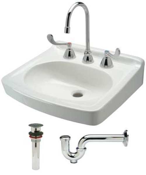 Wall Mount, 3 Hole, Dual Handle, White, Lavatory Sink