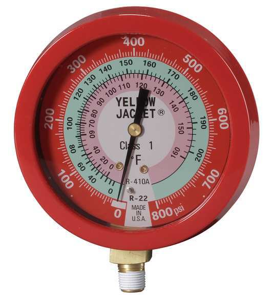 Gauge, 3 1/8In Dia, High Side, Red, 800 psi