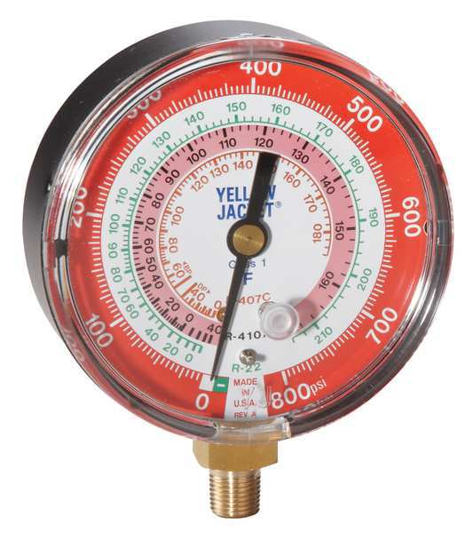 Gauge, 3 1/8In Dia, High Side, Red, 800 psi