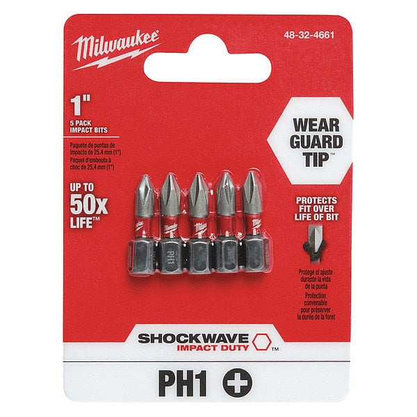 SHOCKWAVE 1 in Phillips #1 Impact Duty Power Bit, 5-Piece Pack