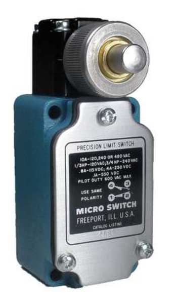 Limit Switch, Plunger, 1NC/1NO, 10A @ 480V AC, Actuator Location: Side