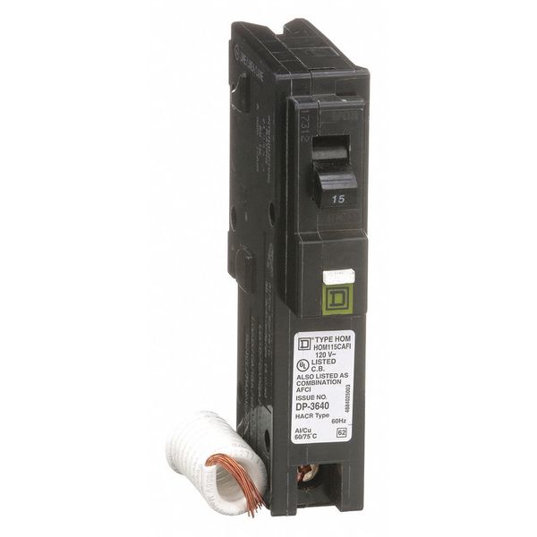 Miniature Circuit Breaker, 15 A, 120V AC, 1 Pole, Plug In Mounting Style, HOM Series