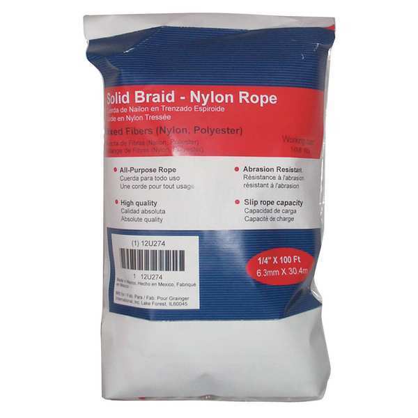 Rope, Nylon, Braided, 1/4 In. dia., 100 ft L