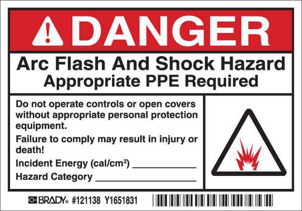 Arc Flash Label, 3 1/2 in Height, 5 in Width, Vinyl, Horizontal Rectangle, English