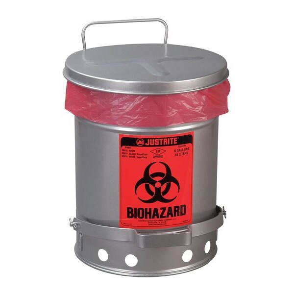 Biohazard Waste Container, 6 gal., Silver