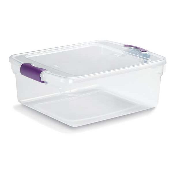 Storage Tote with Latch Lid, Clear/Purple, Polypropylene, 16 1/4 in L, 3.9 gal Volume Capacity