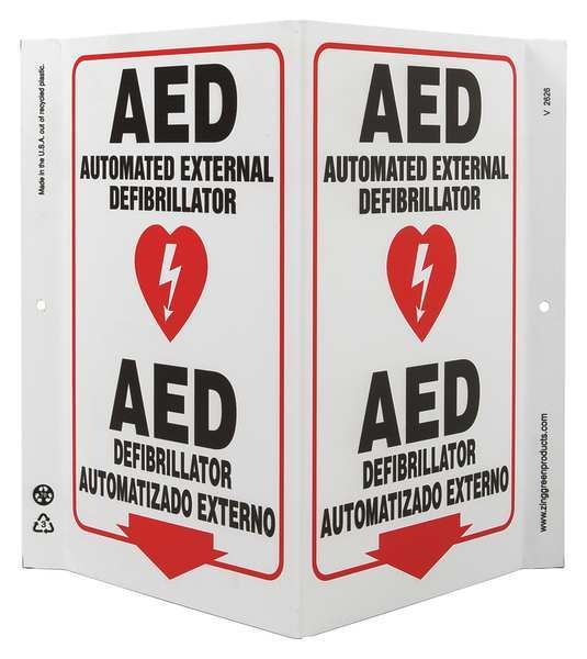First Aid Sign, 11 in Height, 7 in Width, Plastic, V-Shaped, English, Spanish