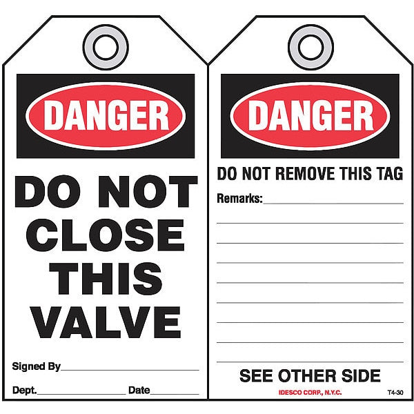 Do Not Close This Valve Safety Tag, PK10