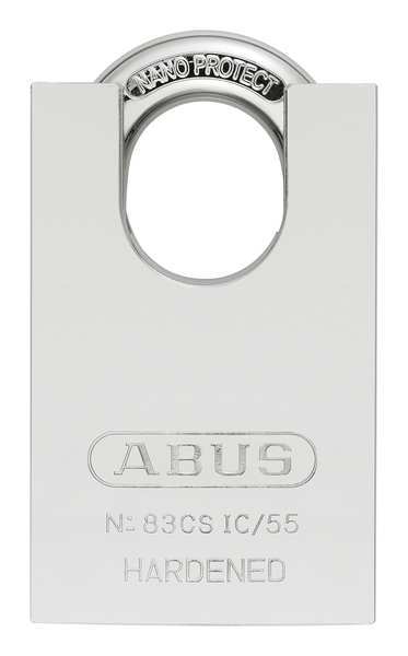 Padlock, Coreless, Partially Hidden Shackle, Rectangular Hardened Steel Body, Steel Shackle, 1 in W
