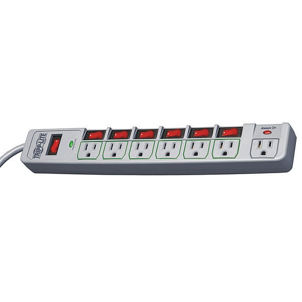 Surge Protector Strip, 7 Outlet, Gray