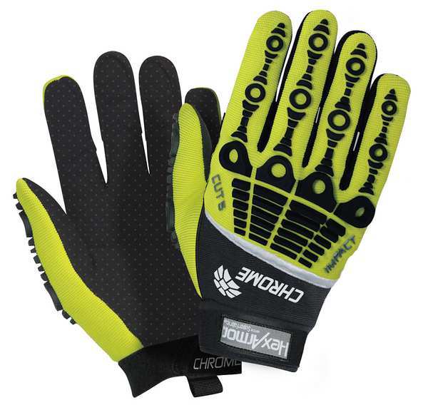 Hi-Vis Cut Resistant Impact Gloves, A8 Cut Level, Uncoated, L, 1 PR