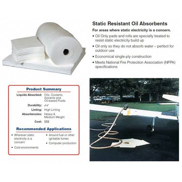 Sorbents, 9 gal. Oil Absorbed, White, Polypropylene, 50 PK