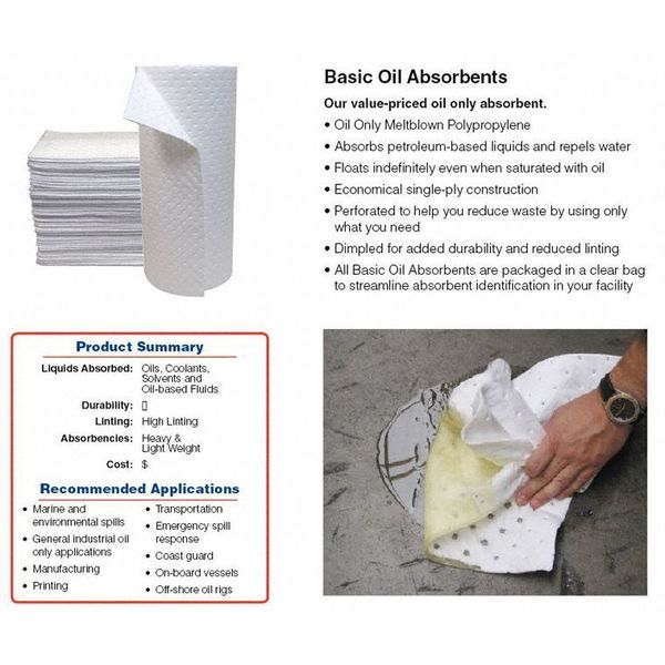 Sorbents, 20 gal/pk, 25 oz/pad, Oil Absorbed, White, Polypropylene, 100 PK