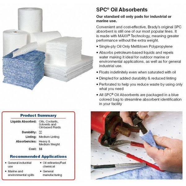 Sorbents, 35 gal. Oil Absorbed, White, Polypropylene, 100 PK