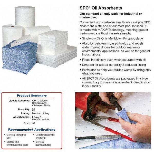 Sorbents, 24 gal/pk, 0.24 gal/pad, Oil Absorbed, Blue, White, Polypropylene, 100 PK