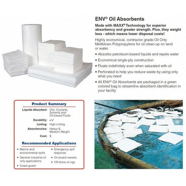 Sorbents, 44 gal. Oil Absorbed, White, Polypropylene