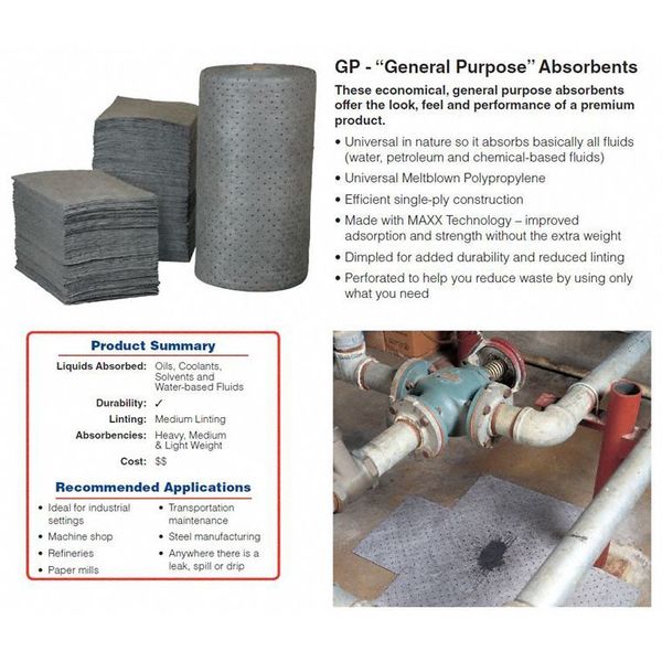 Sorbents, 44 gal/pk, 28 oz/pad, Universal Absorbed, Gray, Polypropylene, 200 PK